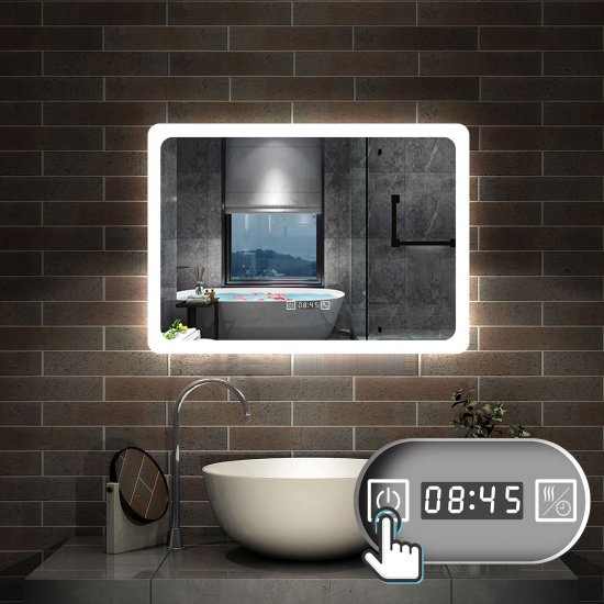 80cmx60cm miroir salle de bain horizontal avec couleur LED blanche + antibuée + Horloge numérique+ Fonction mémoire - Cliquez sur l'image pour la fermer