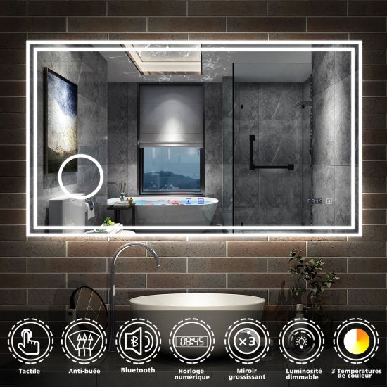 AICA Miroir de Salle de Bain LED avec Bluetooth 160 x 80cm, Miroir Salle de Bain avec Horloge + 3 Couleurs + Dimmable + Anti-buée, Miroir avec Interru - Cliquez sur l'image pour la fermer