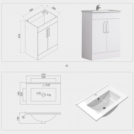Meuble de salle de bain, Meuble sous vasque 2 portes à poser avec vasque, 58cm Blanc - Cliquez sur l'image pour la fermer