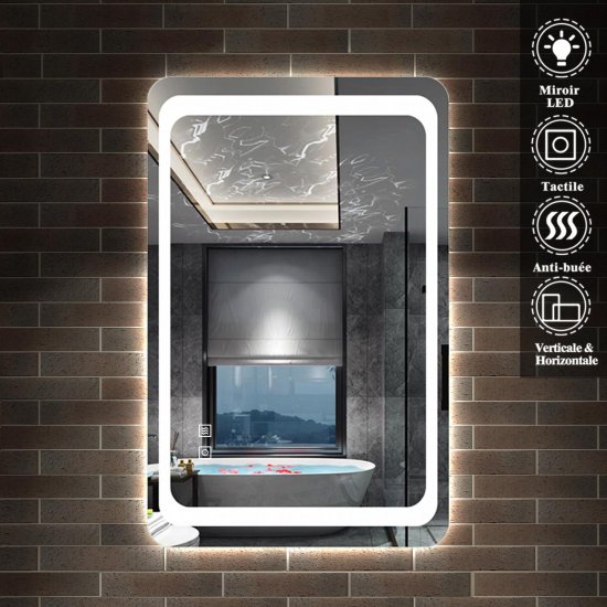 AICA Miroir LED de salle de bain rectangle vertical anti-buée avec