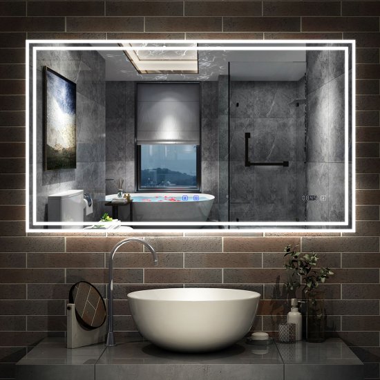 AICA Miroir de Salle de Bain LED avec Bluetooth 80 x 60cm, Miroir Salle de Bain avec Horloge + 3 Couleurs + Dimmable + Anti-buée, Miroir avec Interrup - Cliquez sur l'image pour la fermer