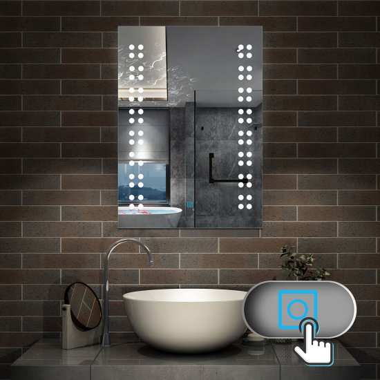 Miroir de salle de bain avec éclairage LED, Miroir Cosmétique Mural Illumination intégrée commutateur tactile avec anti-buée 45x60cm - Cliquez sur l'image pour la fermer