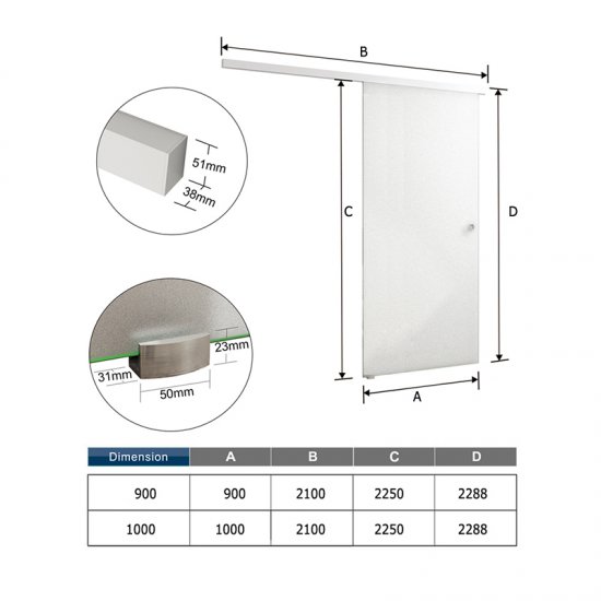 AICA porte coulissante 100x225cm porte d'intérieure coulissante en verre sablé avec un rail blanc - Cliquez sur l'image pour la fermer