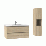 Ensemble Salle De Bain 100cm Chêne Wotan meuble avec colonne vasque ceramique blanche 3 Éléments