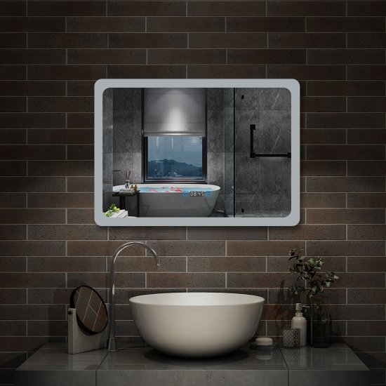 70cmx50cm miroir salle de bain horizontal avec couleur LED blanche + antibuée + Horloge numérique+ Fonction mémoire - Cliquez sur l'image pour la fermer