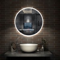 AICA Miroir de Salle de Bain rond LED 80cm avec Horloge + Anti-buée + 3 Couleurs + Dimmable, Mural Miroir Lumineux