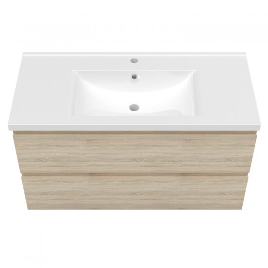 Meuble de salle de bain, Meuble de rangement avec lavabo, Meuble sous vasque suspendu, Bois clair 99cm - Cliquez sur l'image pour la fermer