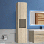 300x300x131,5cm Meuble de rangement pour salle de bain, colonne de salle de bain bois clair à suspendre, avec porte et niche