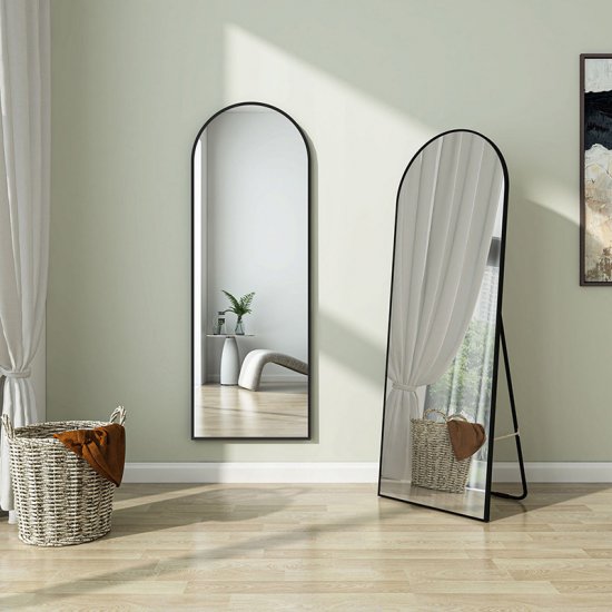 AICA Miroir sur Pied au sol 163x54cm,à suspendre ou àposer,arqué,cadre noir - Cliquez sur l'image pour la fermer